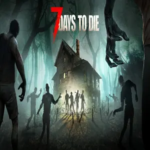 7 Days To Die Mac Download cover artwork featuring a haunted house surrounded by zombies in a dark forest survival horror scene.
