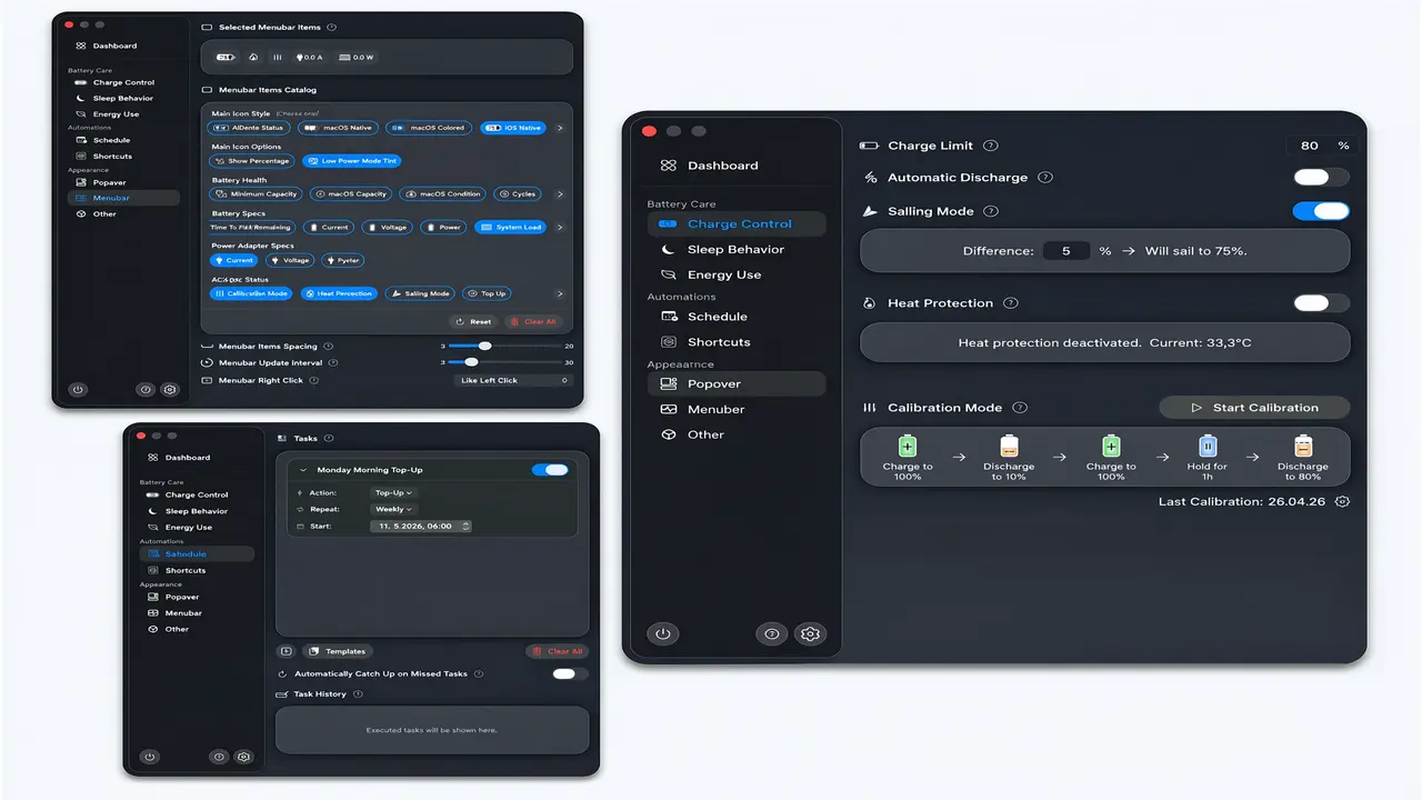 AlDente Pro for macOS interface showing battery care settings, charge limit, automatic discharge, calibration mode, scheduler, and menu bar customization.