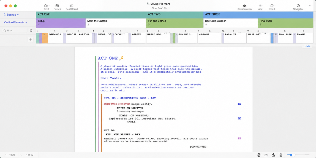 Final Draft for Mac Download {macOS} interface showing screenplay editing, beat board, and outline view for professional script writing.