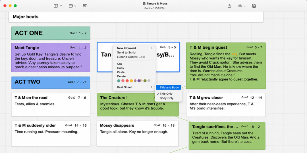 Final Draft for Mac Download {macOS} Beat Board interface displaying story beats, scene cards, plot structure, and screenplay planning tools.