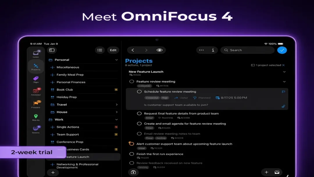 OmniFocus 4 for macOS displaying project management workspace with task lists, projects, planning tools, and dark interface.