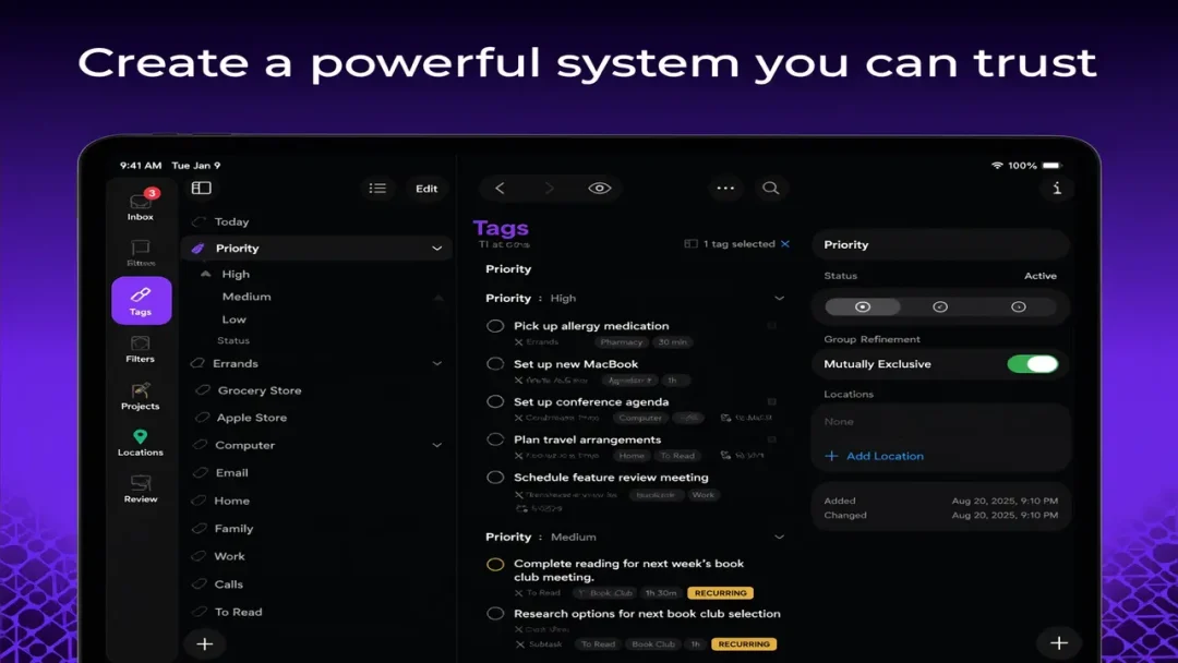 OmniFocus Pro for macOS productivity dashboard showing tags, priorities, and task management interface in dark mode.