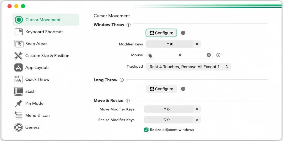 Rectangle Pro for MacOS settings window displaying Cursor Movement, Window Throw, Move & Resize options, keyboard shortcuts, mouse controls, and trackpad configuration on macOS.
