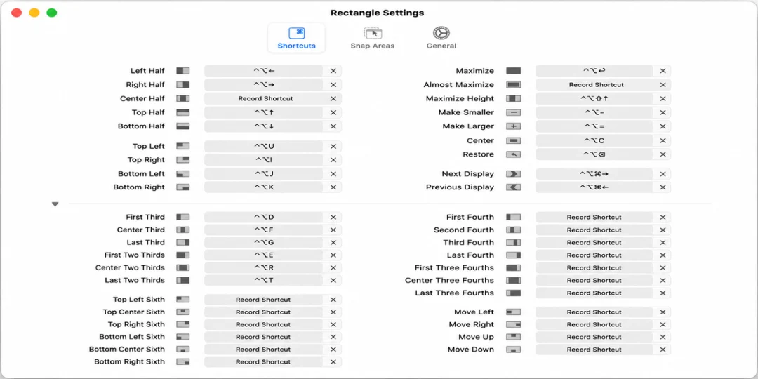Rectangle Pro for MacOS settings window displaying customizable keyboard shortcuts, snap areas, window resizing controls, and display management options on macOS.