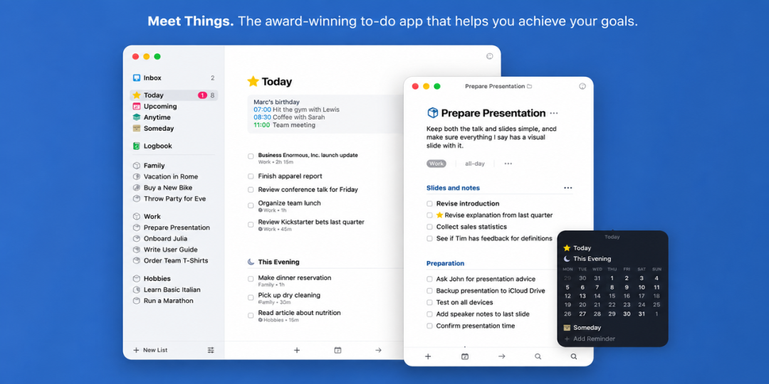 Things for Mac Download {macOS} project planning interface displaying detailed tasks, notes, checklists, and calendar reminders.