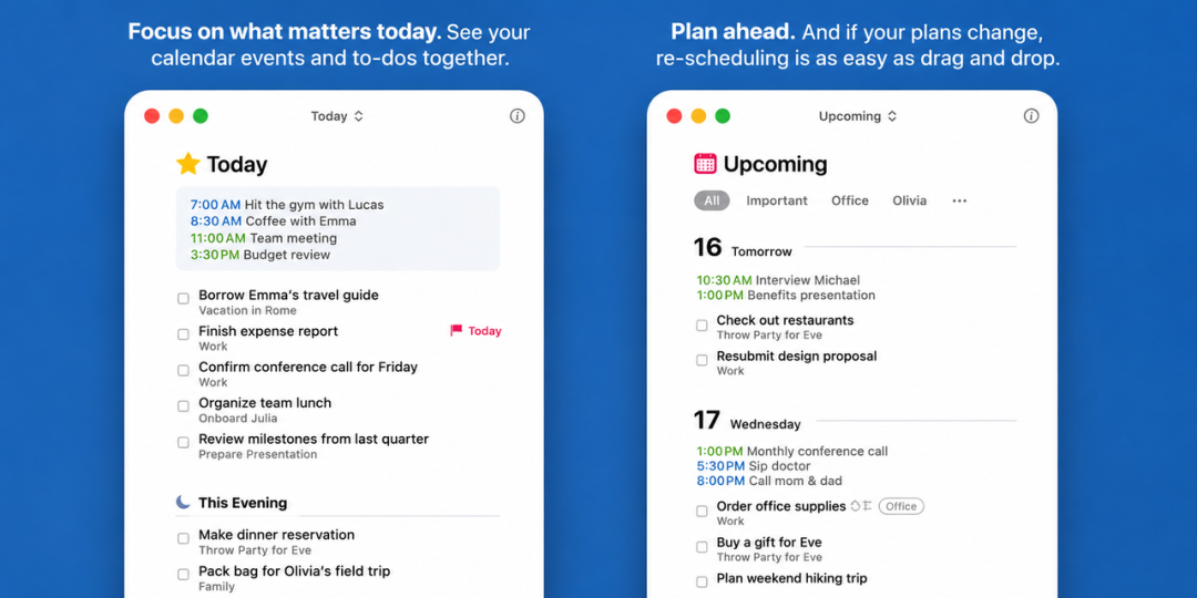 Things for Mac Download {macOS} displaying Today and Upcoming task views with calendar events, reminders, and scheduled activities.